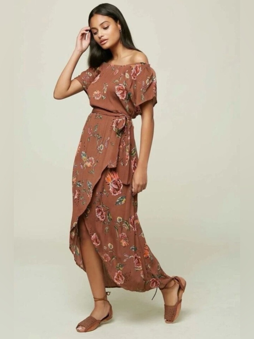 O'Neill Conners Off The Shoulder Midi Dress Crinkle Gauze Floral Boho Pink Brown - Picture 4 of 12